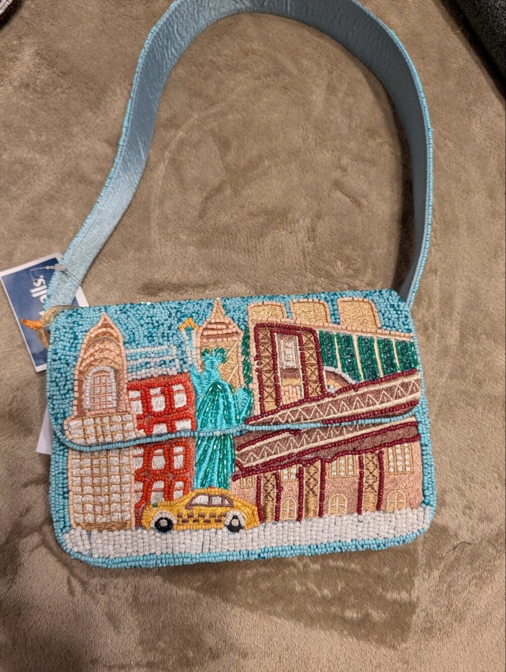 New York Beaded Turquoise Crossbody Bag with Whimsical Embroidery